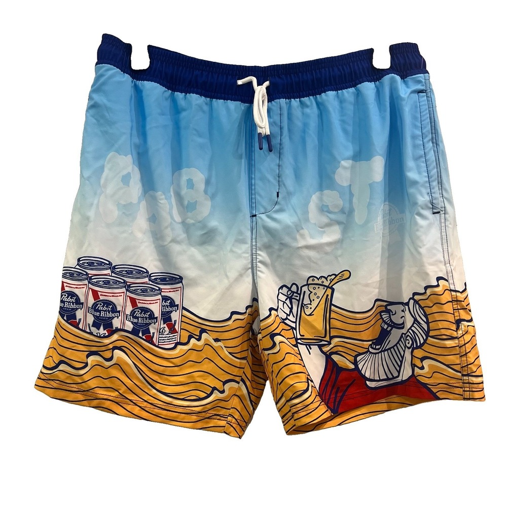 Pabst Blue Ribbon Graphic Swim Trunks Board Shorts Size XL Blue Yellow Stretchy